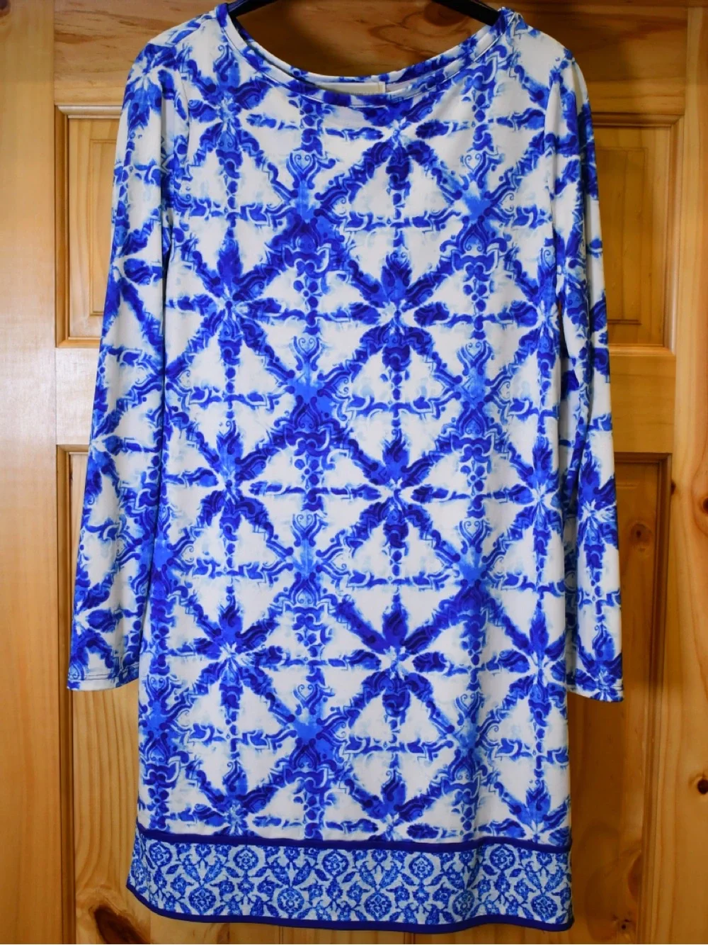 Michael Kors Blue & White Printed 3/4 Sleeve Mini Shift Dress P/M